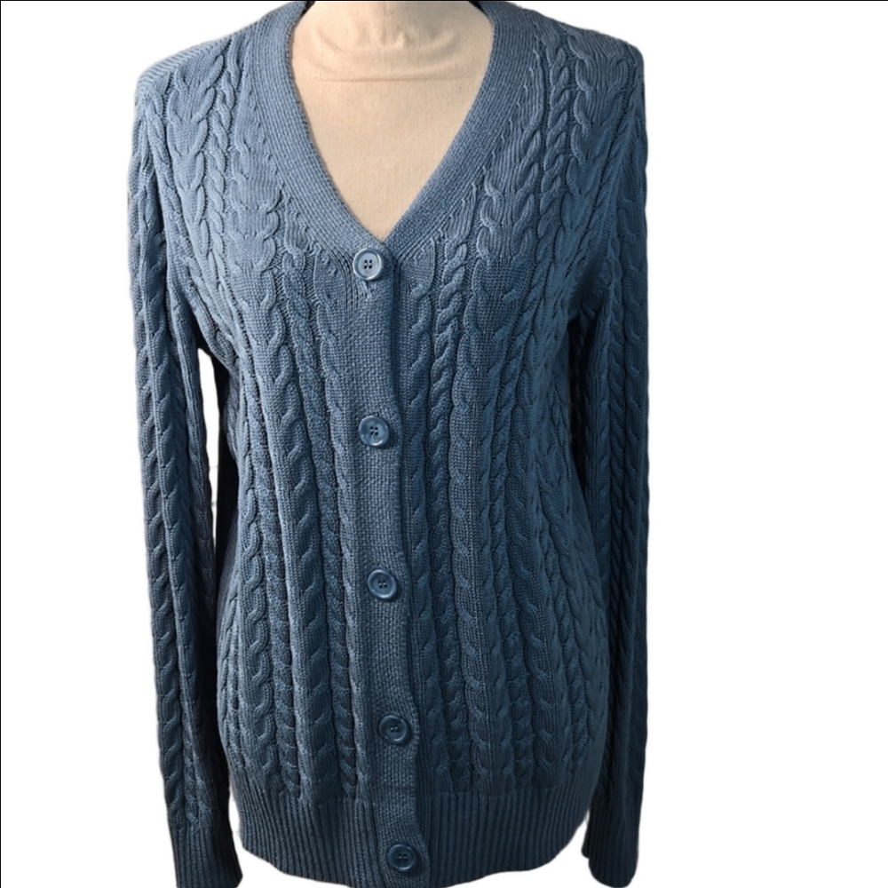 NWOT Belle by Kim Gravel Smoke Blue Cable Knit Cardigan Hip-Length